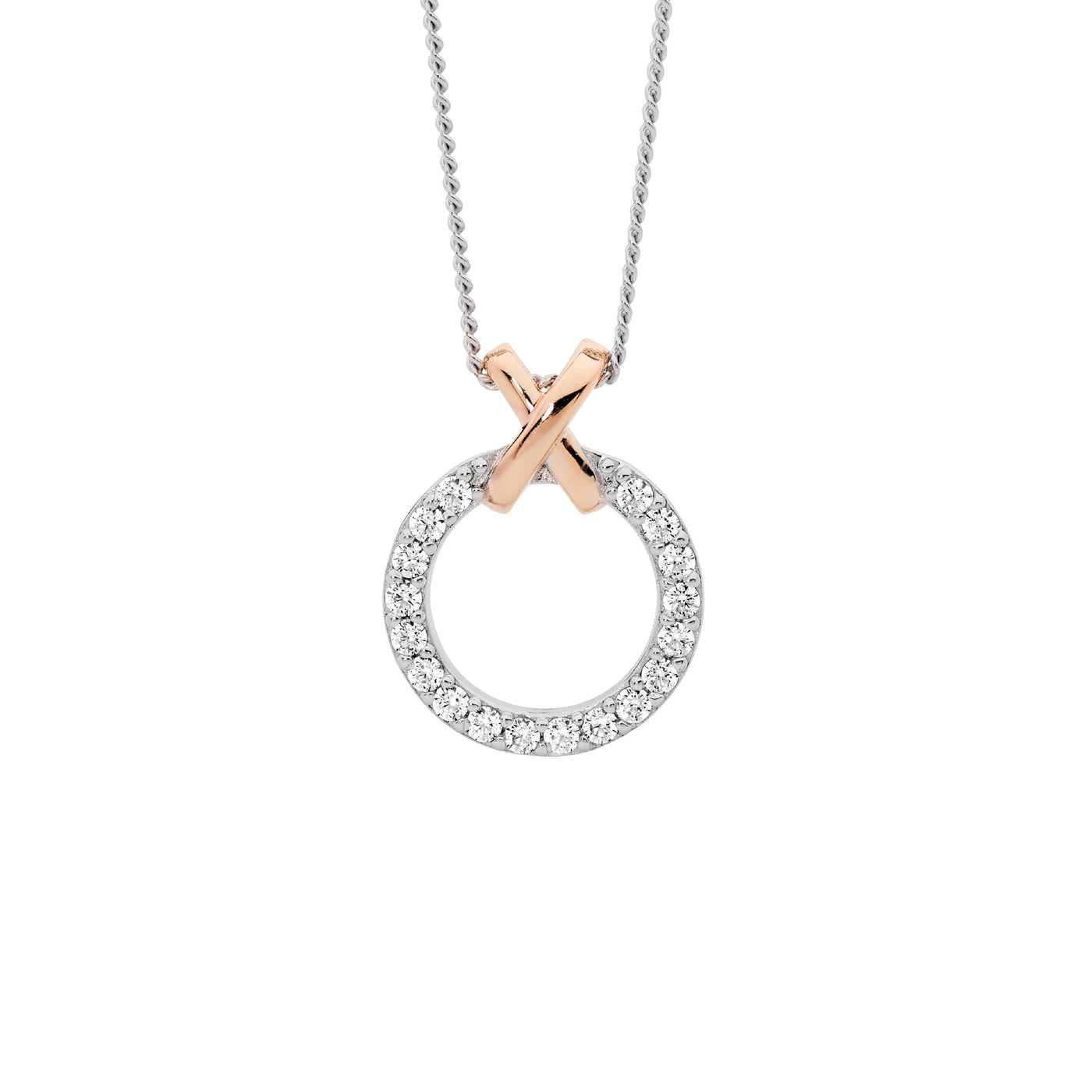 Sterling Silver CZ Circle Pendant with Rose Plated Bale